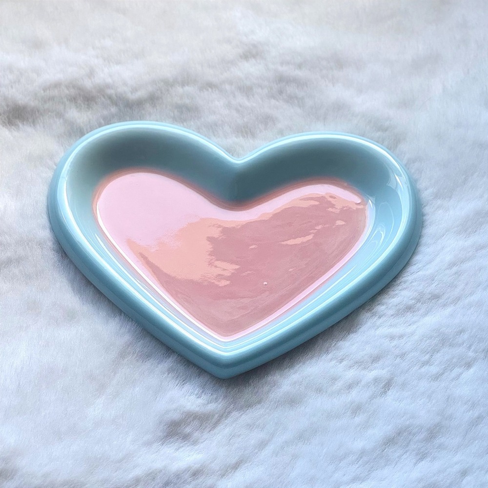 New Small Heart Shaped Ceramic Cat Plate Pink Blue Whisker Fatigue Friendly Dish